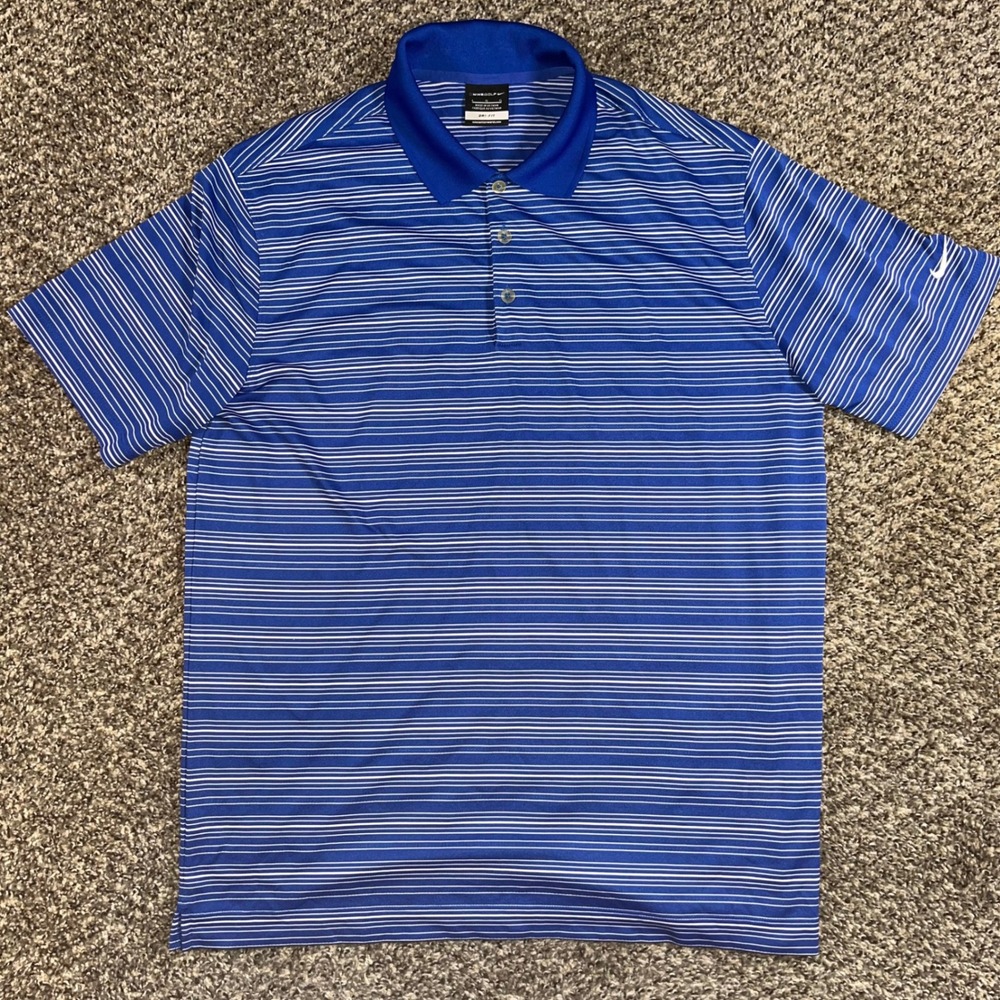 Nike‎ Golf Dri-FIT Mens Large Striped Polo Shirt Blue White Sport Leisure Shirt